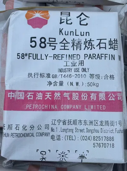 Industrial Grade Kunlun Brand Solid Fully Refined Paraffin Wax Bulk 58/60/62/64 for Making Candle 